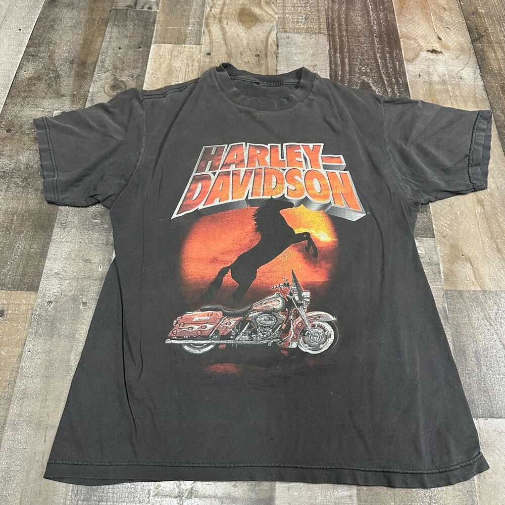 Men's M Harley Davidson Horse Sunset Eagle Black Thrashed T-Shirt Redwood .